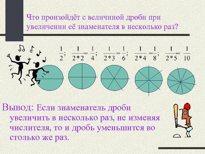 Что произойдёт с величиной дроби при увеличении её знаменателя в несколько раз? = =