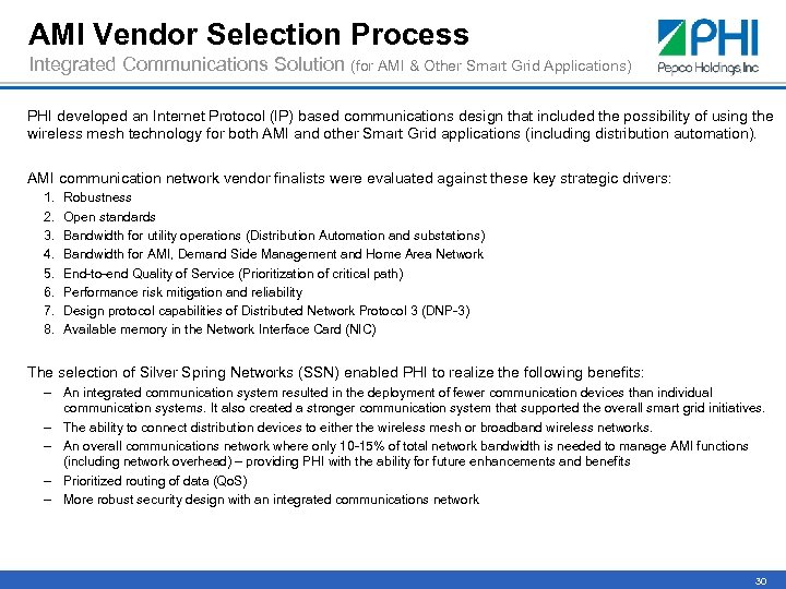 AMI Vendor Selection Process Integrated Communications Solution (for AMI & Other Smart Grid Applications)