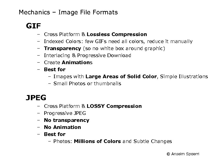 Mechanics – Image File Formats GIF – – – Cross Platform & Lossless Compression