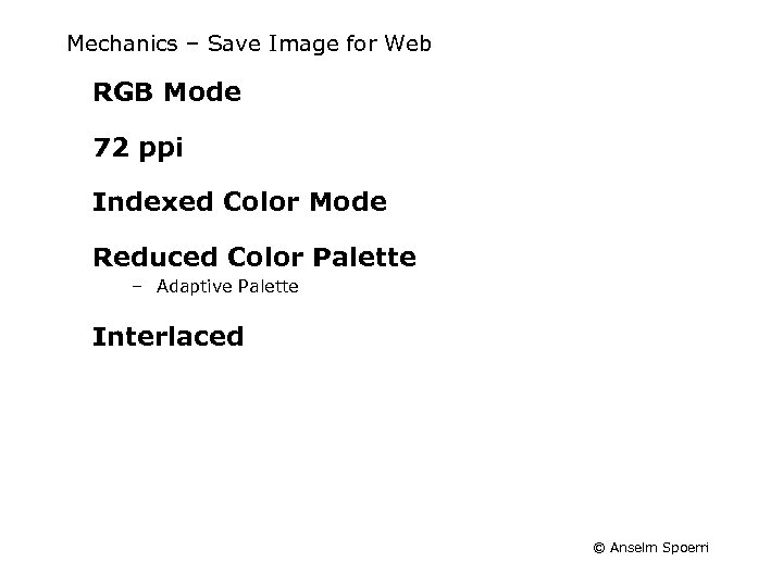 Mechanics – Save Image for Web RGB Mode 72 ppi Indexed Color Mode Reduced