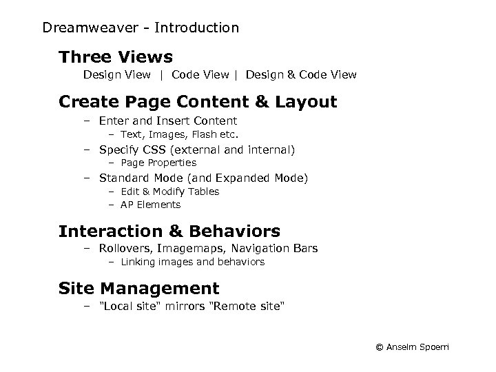 Dreamweaver - Introduction Three Views Design View | Code View | Design & Code