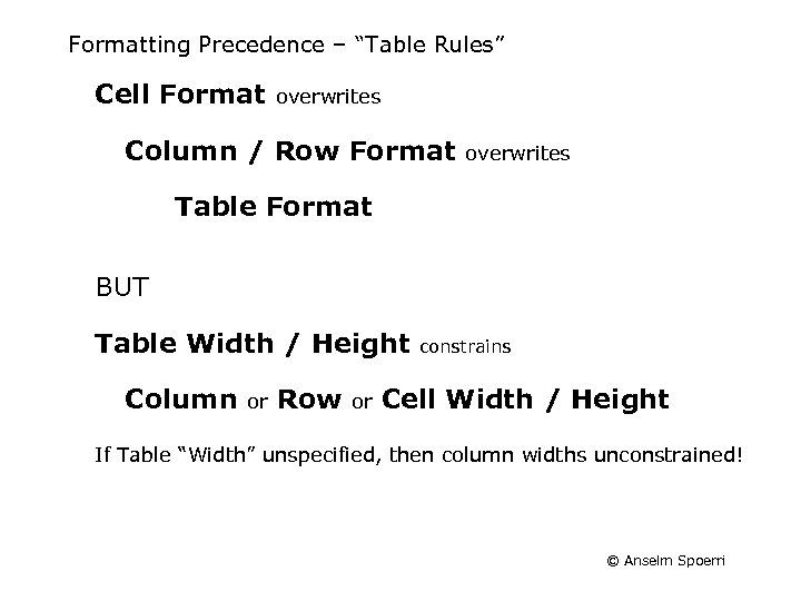 Formatting Precedence – “Table Rules” Cell Format overwrites Column / Row Format overwrites Table