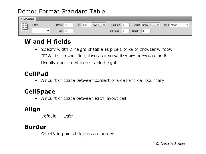 Demo: Format Standard Table W and H fields – Specify width & height of