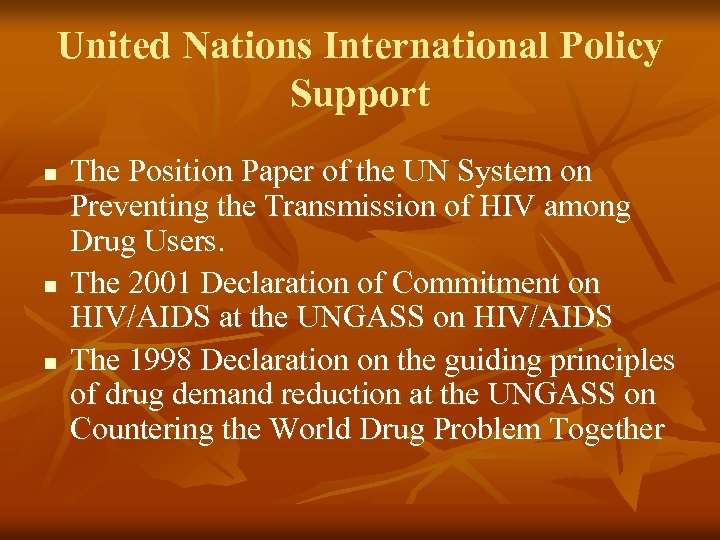 United Nations International Policy Support n n n The Position Paper of the UN