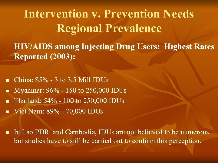 Intervention v. Prevention Needs Regional Prevalence HIV/AIDS among Injecting Drug Users: Highest Rates Reported