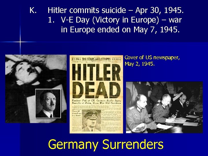  K. Hitler commits suicide – Apr 30, 1945. 1. V-E Day (Victory in