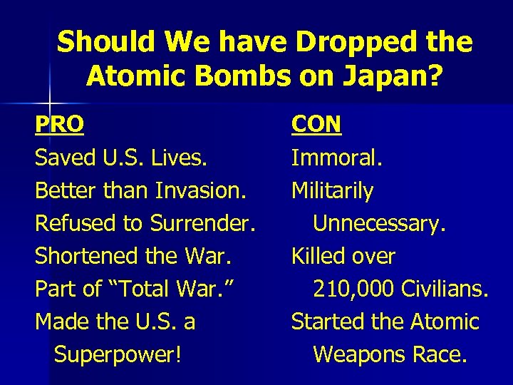 Should We have Dropped the Atomic Bombs on Japan? PRO Saved U. S. Lives.