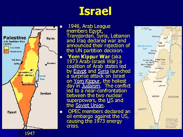 Israel n n n 1947 1948, Arab League members Egypt, Transjordan, Syria, Lebanon and