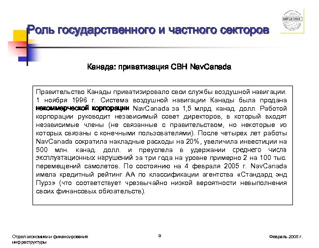  Роль государственного и частного секторов Канада: приватизация СВН Nav. Canada Правительство Канады приватизировало