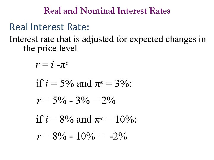 Real and Nominal Interest Rates Real Interest Rate: Interest rate that is adjusted for