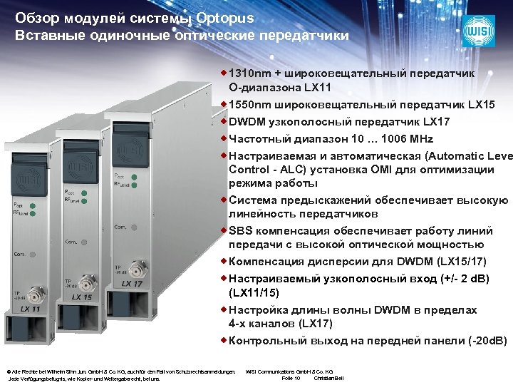 Обзор модулей системы Optopus Вставные одиночные оптические передатчики ® 1310 nm + широковещательный передатчик