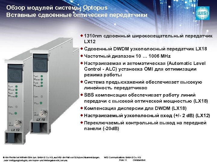 Обзор модулей системы Optopus Вставные сдвоенные оптические передатчики ® 1310 nm сдвоенный широковещательный передатчик