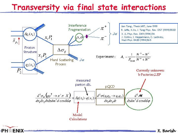 Transversity via final state interactions Interference Fragmentation Jian Tang , Thesis MIT, June 1999