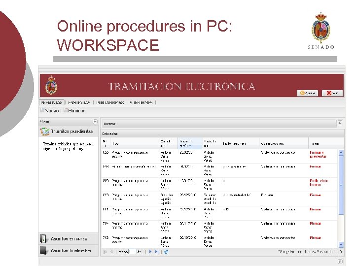 Online procedures in PC: WORKSPACE 