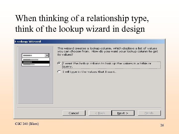When thinking of a relationship type, think of the lookup wizard in design CSC