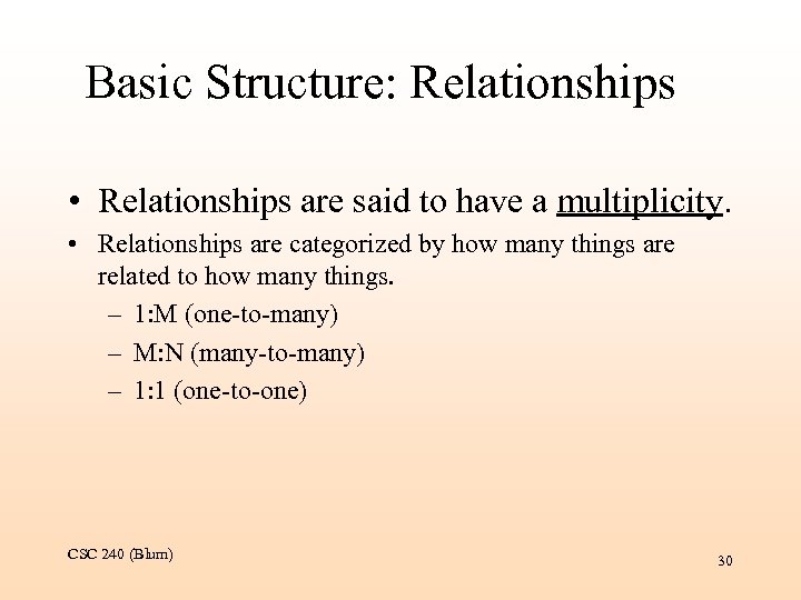 Basic Structure: Relationships • Relationships are said to have a multiplicity. • Relationships are