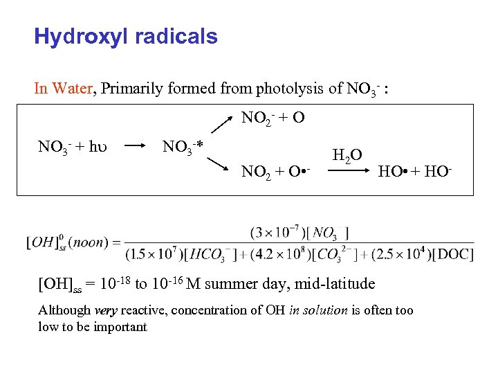 Hydroxyl radicals In Water, Primarily formed from photolysis of NO 3 - : NO