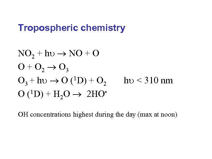 Tropospheric chemistry NO 2 + h NO + O 2 O 3 + h