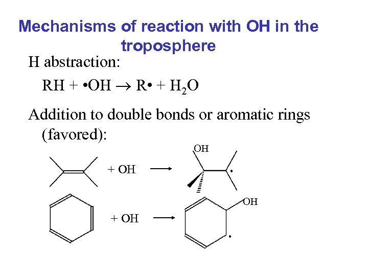 Mechanisms of reaction with OH in the troposphere H abstraction: RH + • OH
