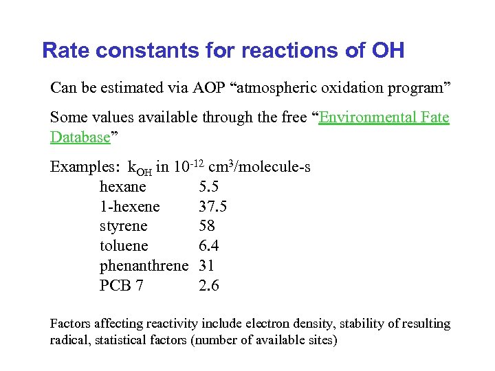 Rate constants for reactions of OH Can be estimated via AOP “atmospheric oxidation program”