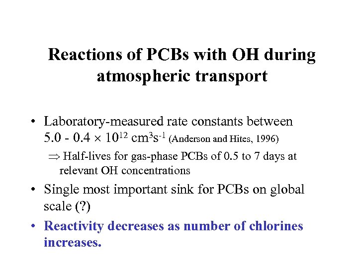 Reactions of PCBs with OH during atmospheric transport • Laboratory-measured rate constants between 5.