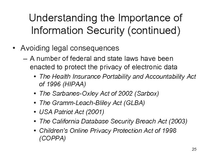 Understanding the Importance of Information Security (continued) • Avoiding legal consequences – A number