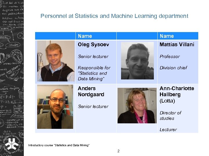 Personnel at Statistics and Machine Learning department Name Oleg Sysoev Mattias Villani Senior lecturer
