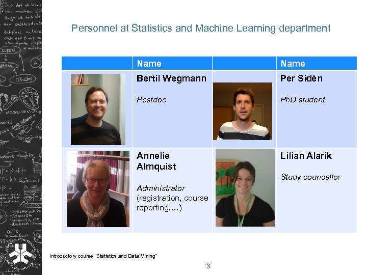 Personnel at Statistics and Machine Learning department Name Bertil Wegmann Per Sidén Postdoc Ph.