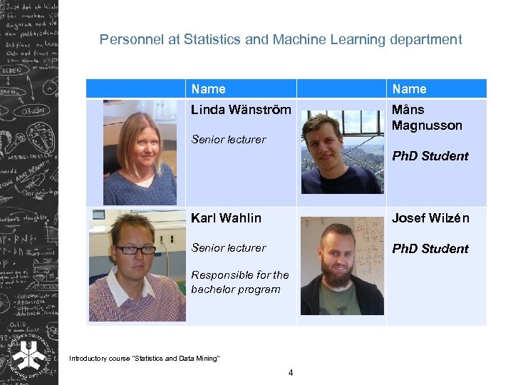 Personnel at Statistics and Machine Learning department Name Linda Wänström Måns Magnusson Senior lecturer