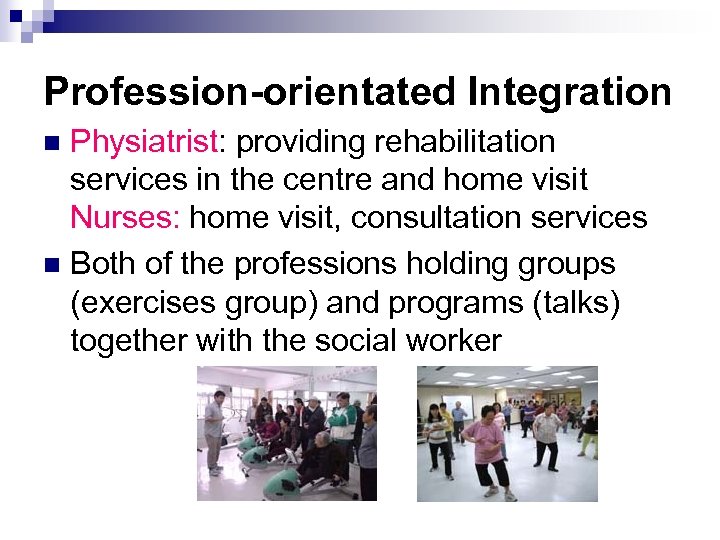 Profession-orientated Integration Physiatrist: providing rehabilitation services in the centre and home visit Nurses: home