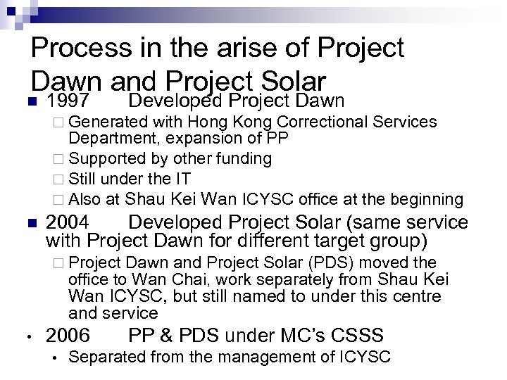 Process in the arise of Project Dawn and Project Solar n 1997 Developed Project
