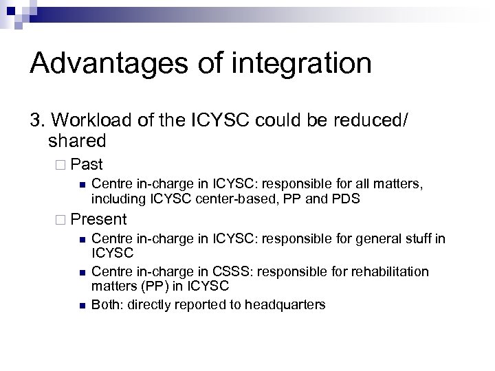 Advantages of integration 3. Workload of the ICYSC could be reduced/ shared ¨ Past