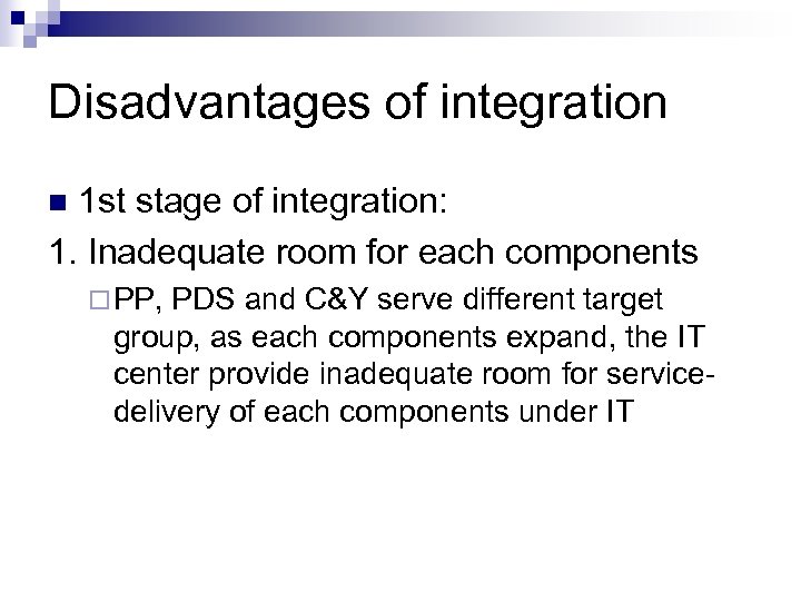 Disadvantages of integration 1 st stage of integration: 1. Inadequate room for each components