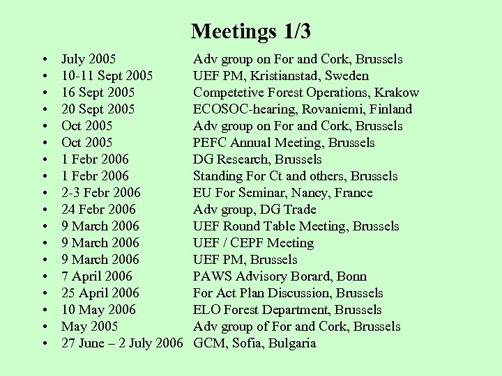 Meetings 1/3 • • • • • July 2005 10 -11 Sept 2005 16