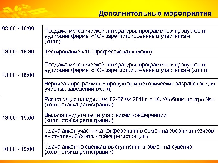 Дополнительные мероприятия 09: 00 - 10: 00 Продажа методической литературы, программных продуктов и аудиокниг