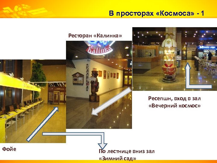 В просторах «Космоса» - 1 Ресторан «Калинка» Ресепшн, вход в зал «Вечерний космос» Фойе