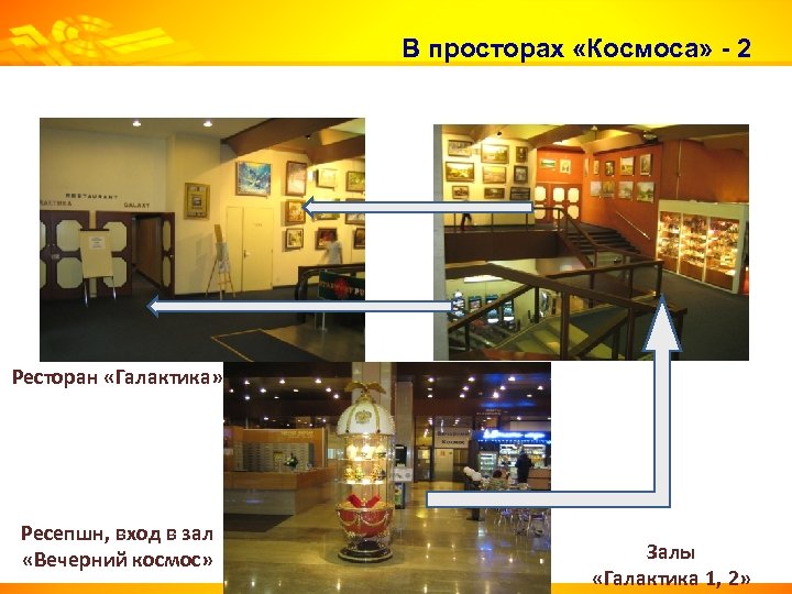 В просторах «Космоса» - 2 Ресторан «Галактика» Ресепшн, вход в зал «Вечерний космос» Залы