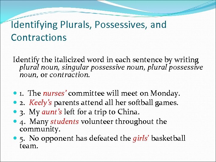 Identifying Plurals, Possessives, and Contractions Identify the italicized word in each sentence by writing