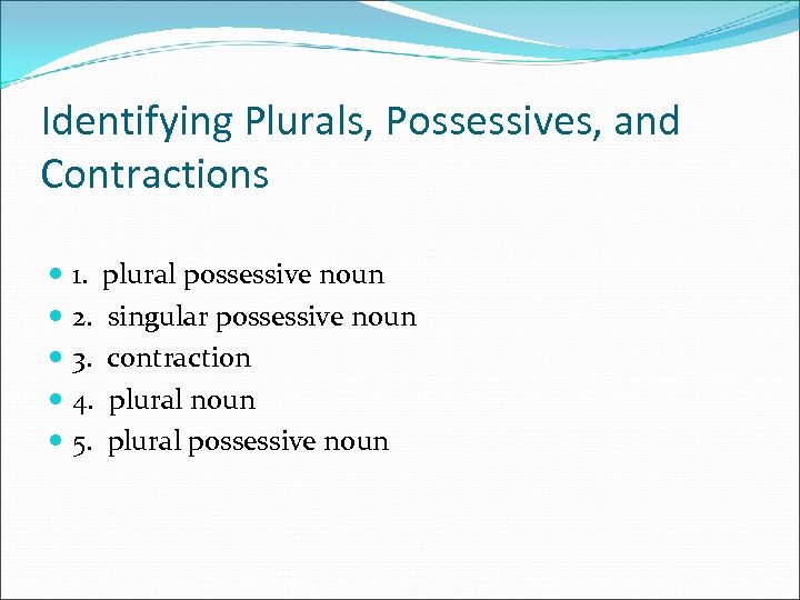 Identifying Plurals, Possessives, and Contractions 1. plural possessive noun 2. singular possessive noun 3.