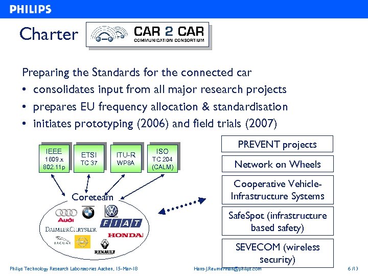 Charter Preparing the Standards for the connected car • consolidates input from all major