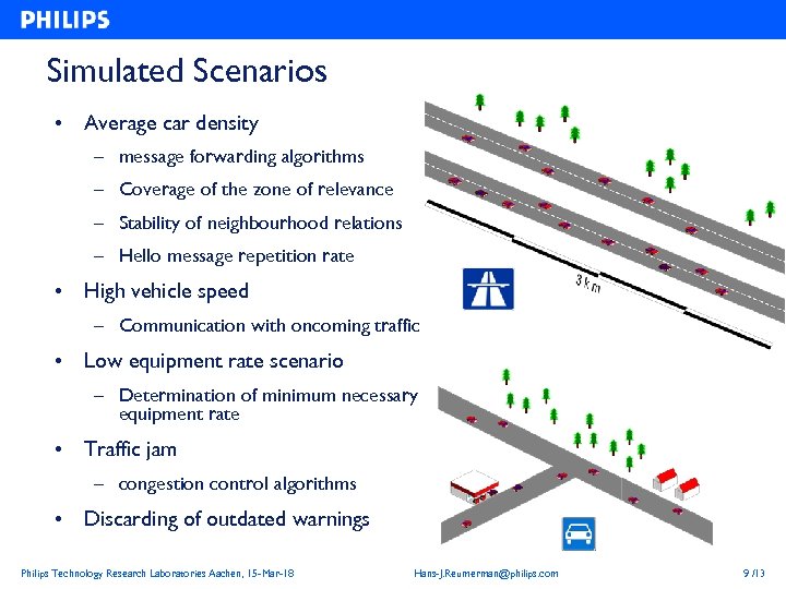 Simulated Scenarios • Average car density – message forwarding algorithms – Coverage of the