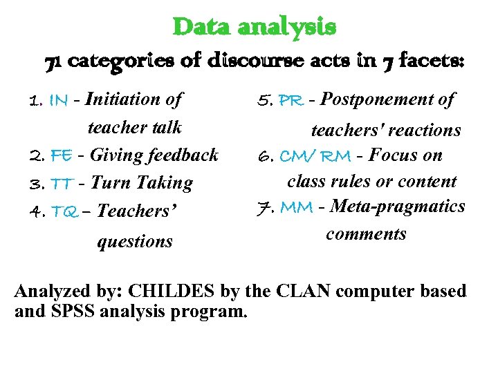 Data analysis 71 categories of discourse acts in 7 facets: 1. IN - Initiation