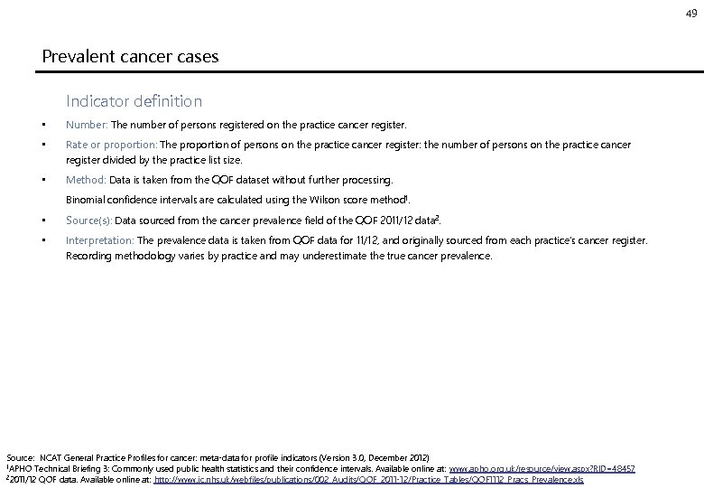 49 Prevalent cancer cases Indicator definition • Number: The number of persons registered on
