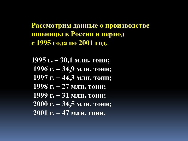 Рассмотрим данные о производстве пшеницы в России в период с 1995 года по 2001