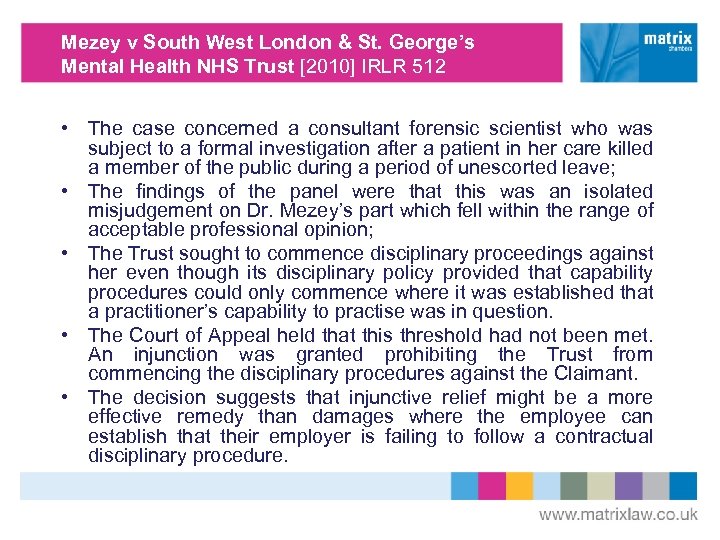 Mezey v South West London & St. George’s Mental Health NHS Trust [2010] IRLR