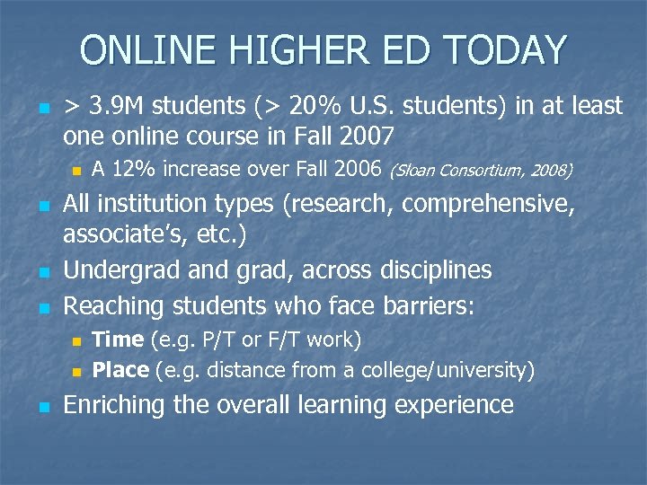 ONLINE HIGHER ED TODAY n > 3. 9 M students (> 20% U. S.