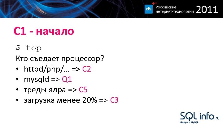 С 1 - начало $ top Кто съедает процессор? • httpd/php/… => С 2