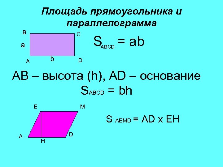 Площадь прямоугольника и параллелограмма B C а S ABCD b A = ab D