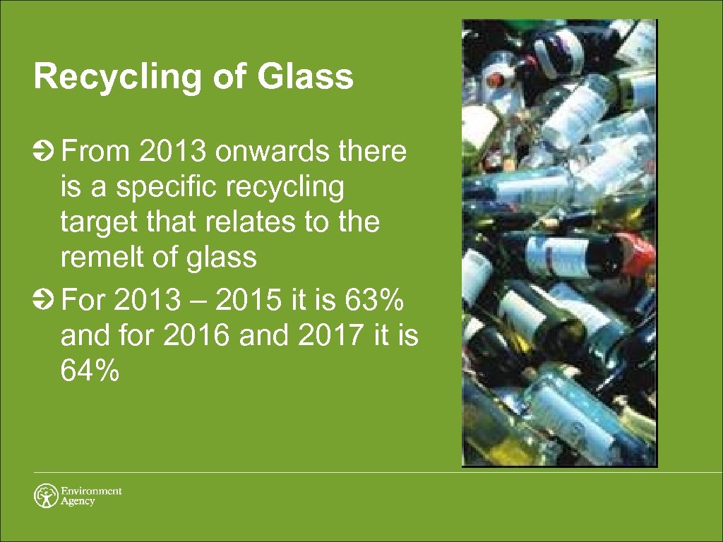 Recycling of Glass From 2013 onwards there is a specific recycling target that relates