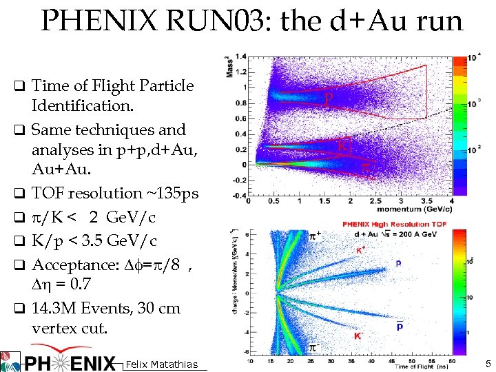 PHENIX RUN 03: the d+Au run q Time of Flight Particle q q q